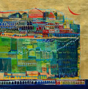 Vinita Karim, VNKM-0062, Verdant Treasure, 36 x 36 inches, Acrylic, embroidery, gold and copper on linen, 2022