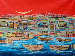 Vinita Karim, VNKM-0063, Pleasures and Passions, 36 x 48 inches, Acrylic, embroidery, gold and copper on linen, 2022