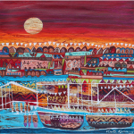 Vinita-Karim,-VNKM-0100,-Burgundy-Skies,-18-x-18-inches,-Acrylic,-embroidery,-gold-and-copper-on-linen,-2025