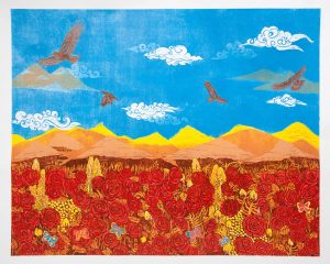Seema Kohli, SK-0273, Between heaven & Earth - Rose Garden, 48 x 60 inches, Woodcut print on paper, 2025