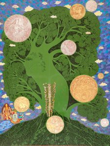 Seema Kohli, SK-0291, Tree of Life, 96 x 72 inches, Acrylic colours and ink on canvas with 24kt gold and silver leaf, 2025