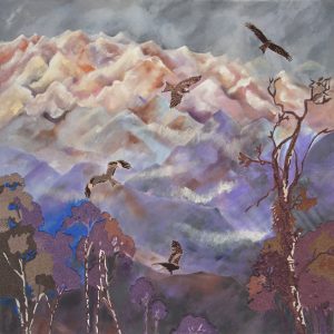 Seema Kohli, SK-0temp10, The flutter of her wings and the unbending mountains, 60 x 60 inches, Mix media on recycled plastic yarn, 2025
