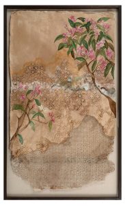 Riddhi Shah, SHAH-0001, Landscape-Champa outside my Window, 60 x 35 inches, Gouache, Watercolor and Walnut Stain on Sanganeri Wasli Paper & Paper Cut Jali, 2025