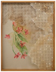 Riddhi Shah, SHAH-0020, Studies of the Familiar, 17.5 x 13.5 inches, Gouache, gold pigment and walnut stain on acid free paper & paper cut jali, 2026