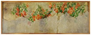 Riddhi Shah, SHAH-0021, Blooming Veil, 23.5 x 64 inches, Gouache, gold pigment and walnut stain on Sanganeri paper & acid free paper cut jali, 2026